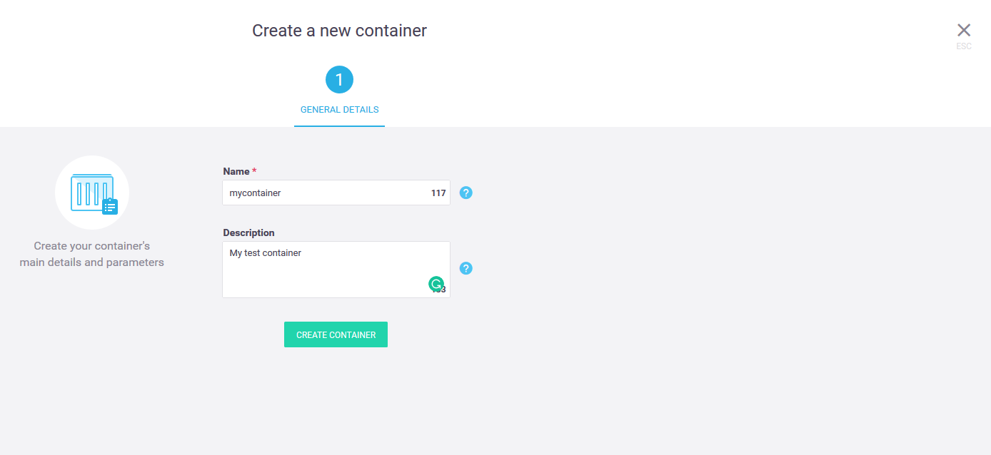 Dashboard - create a new mycontainer container