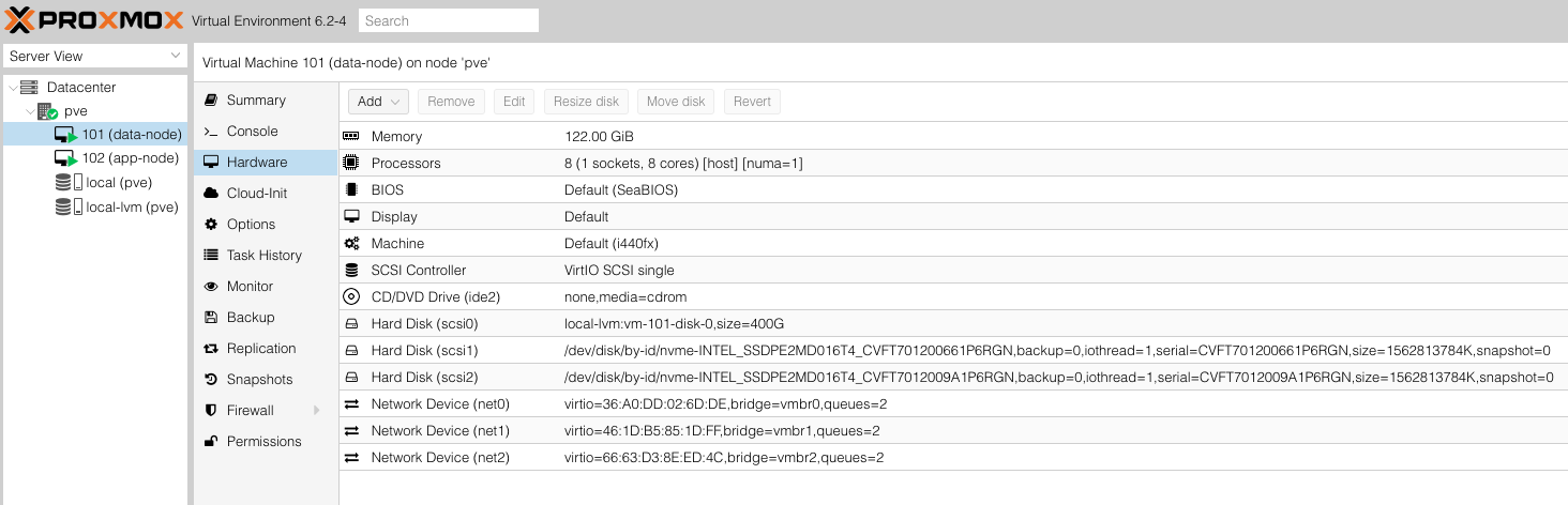 PVE GUI - data-node VM devices list