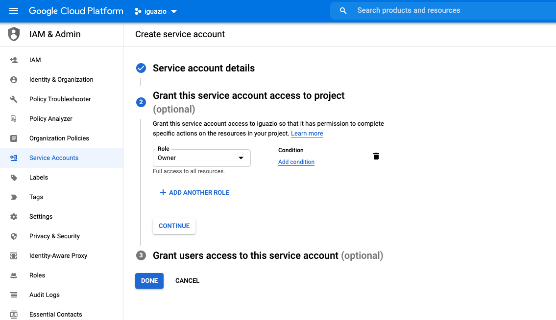 Creating a GCP Service Account Iguazio