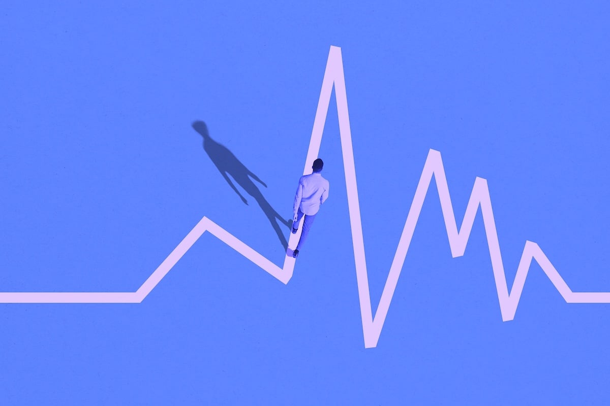 Young man walking on white graph